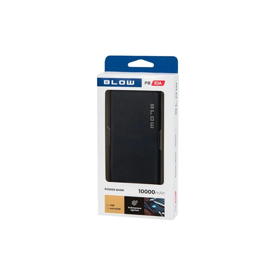 BLOW PB10A 10000mAh must universaalne akupank, 2 USB väljundit, 2.1A kiire laadimine, 145x68x15 mm – 5