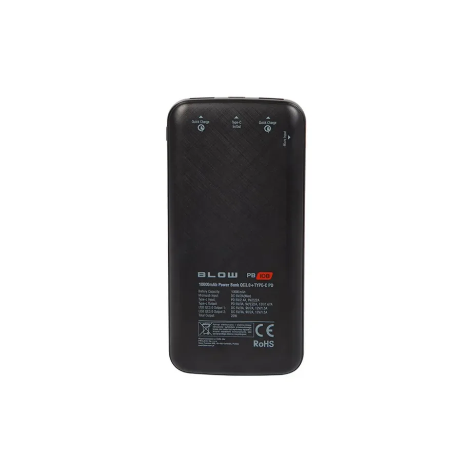 BLOW PB10B 10000mAh 22.5W must kolme USB-pordiga kiirlaetav akupank, 145x70x16.5 mm – 5