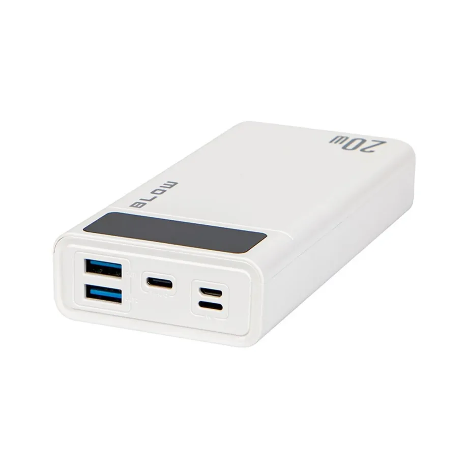 BLOW PB20E 20000mAh 20W valge QC+PD kaasaskantav akupank 2xUSB-A, USB-C, Lightning, 140x68x27mm – 4