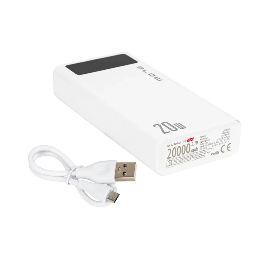 BLOW PB20E 20000mAh 20W valge QC+PD kaasaskantav akupank 2xUSB-A, USB-C, Lightning, 140x68x27mm – 5