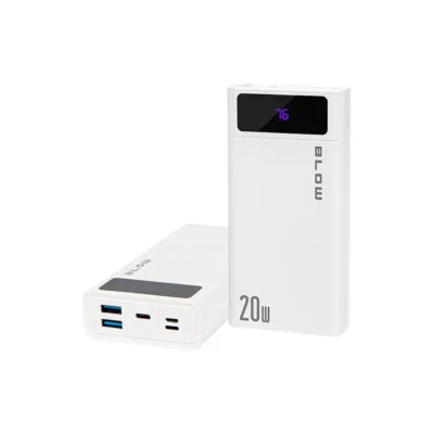 BLOW PB20E 20000mAh 20W valge QC+PD kaasaskantav akupank 2xUSB-A, USB-C, Lightning, 140x68x27mm