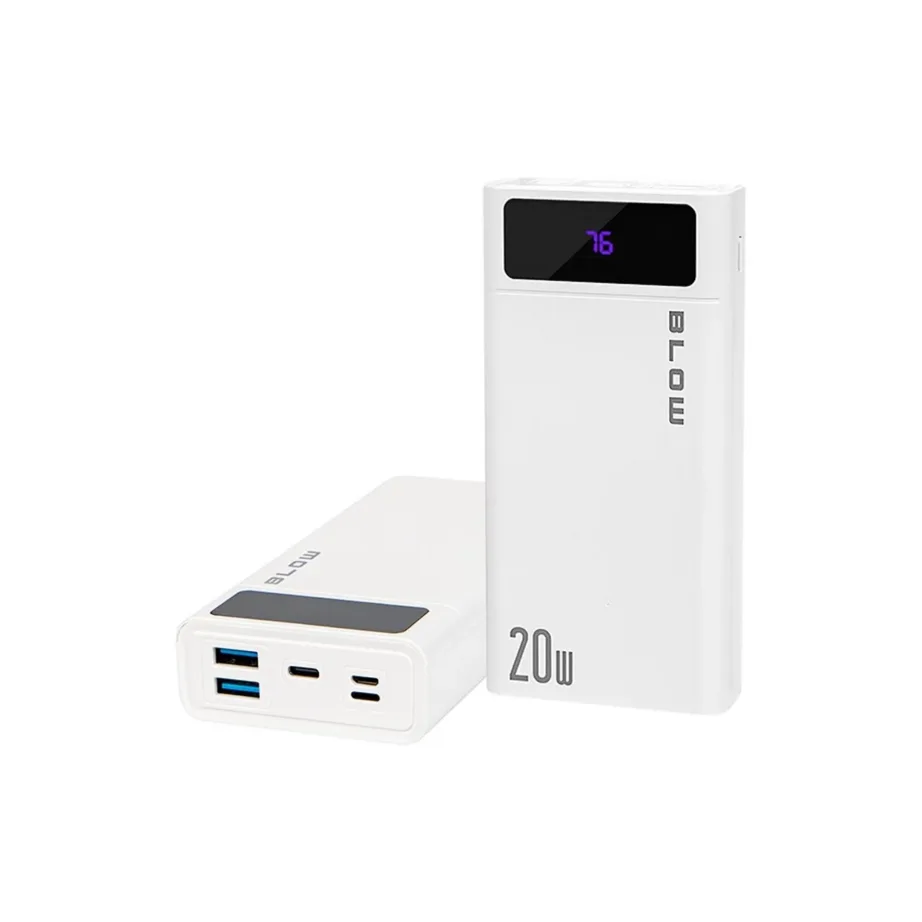 BLOW PB20E 20000mAh 20W valge QC+PD kaasaskantav akupank 2xUSB-A, USB-C, Lightning, 140x68x27mm