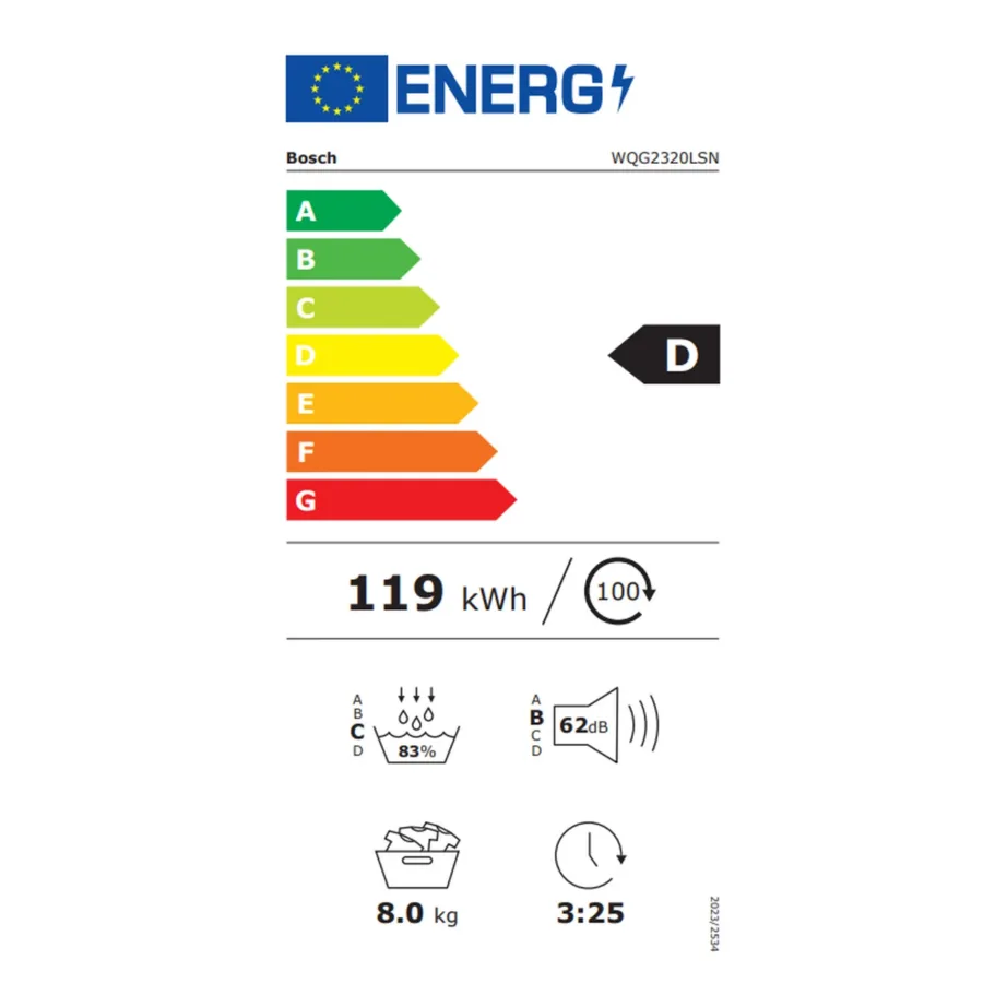 Soojuspumbaga kondentskuivati 8 kg A++ BOSCH WQG2320LSN, valge, vaba paigaldus, müratase 62 dB, inverter-mootor, trumli valgustus, lapselukk, laius 60 cm – 8