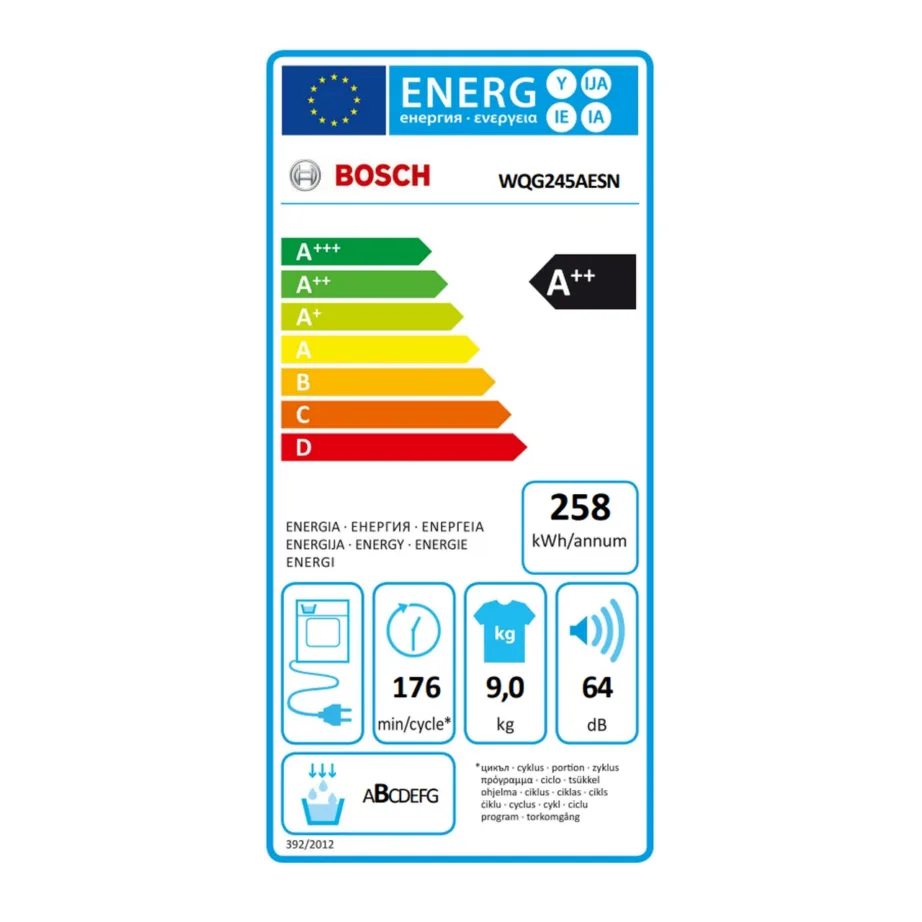 9 kg soojuspumbaga kondentskuivati BOSCH WQG245AESN, A++ (uus klass E), vabaltseisev, inverter-mootor, SelfCleaning Condenser, valge, 85x60x61,3 cm, 64 dB - 5