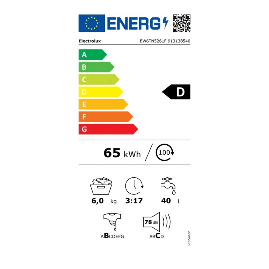 Pealtlaetav pesumasin SensiCare ja aurufunktsiooniga ELECTROLUX EW6TN5261F, vabaltseisev, 6 kg, 1200 p/min, 40 cm, 59.9 cm sügavus, valge, 14 programmi, TimeSave, viitstart – 2