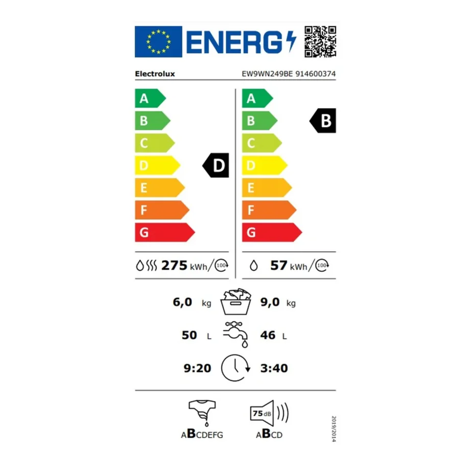 Kuivatiga pesumasin soojuspumbaga 9 kg/6 kg ELECTROLUX EW9WN249BE, 1400 p/min, SteamCare auruprogramm, DelicateCare ja SensiCare süsteem, valge, vabaltseisev – 3
