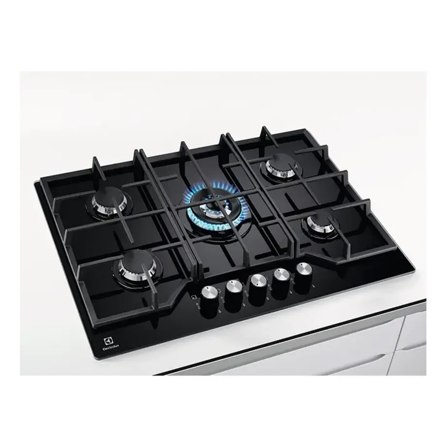 Gaasipliidiplaat StepPoweriga ELECTROLUX KGG75362K, 75 cm, 5 keeduala (sh WOK), karastatud klaas, malmist pannitoed, must, leegi valvesüsteem, LPG düüsid – 3