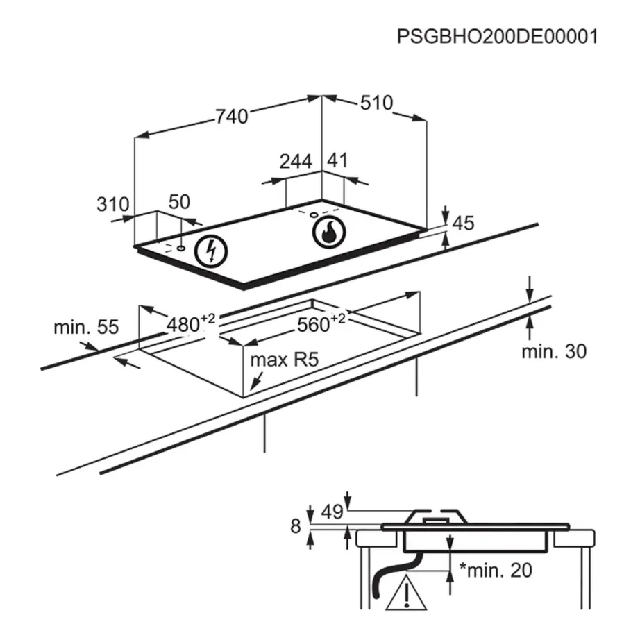 Gaasipliidiplaat StepPoweriga ELECTROLUX KGG75362K, 75 cm, 5 keeduala (sh WOK), karastatud klaas, malmist pannitoed, must, leegi valvesüsteem, LPG düüsid – 8