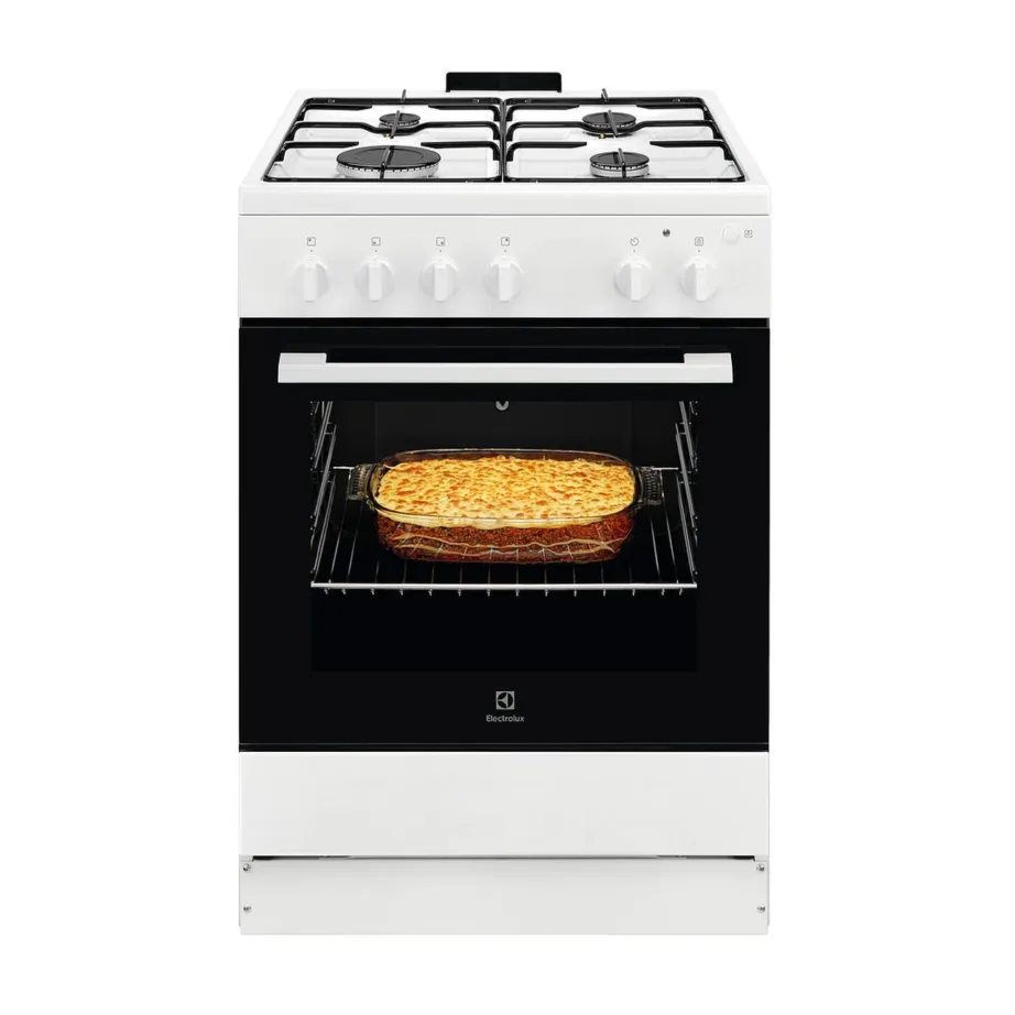 Gaasipliit elektrigrilli ja katalüüspuhastusega ELECTROLUX LKG604012W, 60 cm, 59 l gaasiahju maht, 4 põletit, emailrestid, nõudesahtel, A-klassi, valge