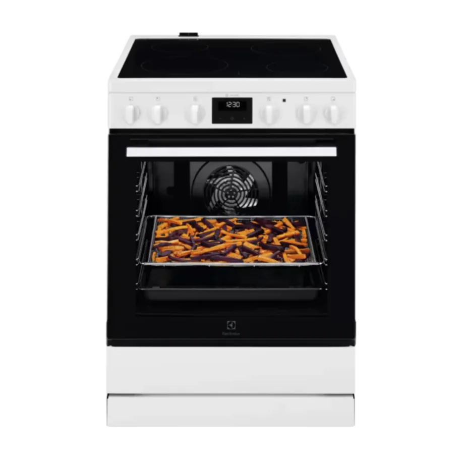 Elektripliit klaaskeraamilise keedupinna ja AirFry ahjuga ELECTROLUX LKR64023AW, 60 cm, 73 L, 4 keedutsooni, pöördõhk, Aqua Clean, LED taimer, A-klass, valge