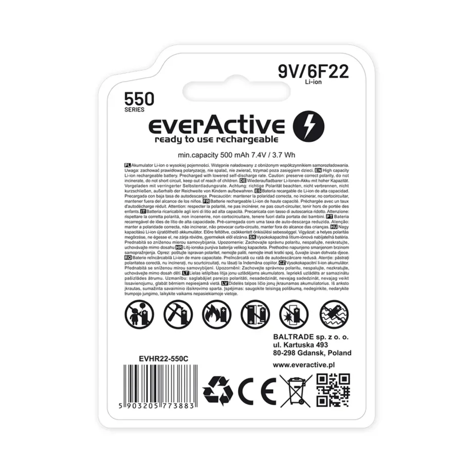 everActive EVHR22-550C 9V 550mAh liitiumioon laetav aku USB-C laadimisega (1 tk, 26,4×48,5 mm) – 6