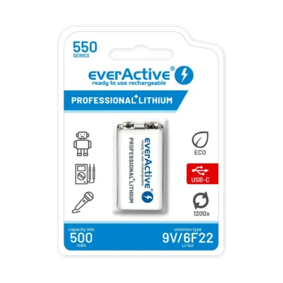 everActive EVHR22-550C 9V 550mAh liitiumioon laetav aku USB-C laadimisega (1 tk, 26,4x48,5 mm)