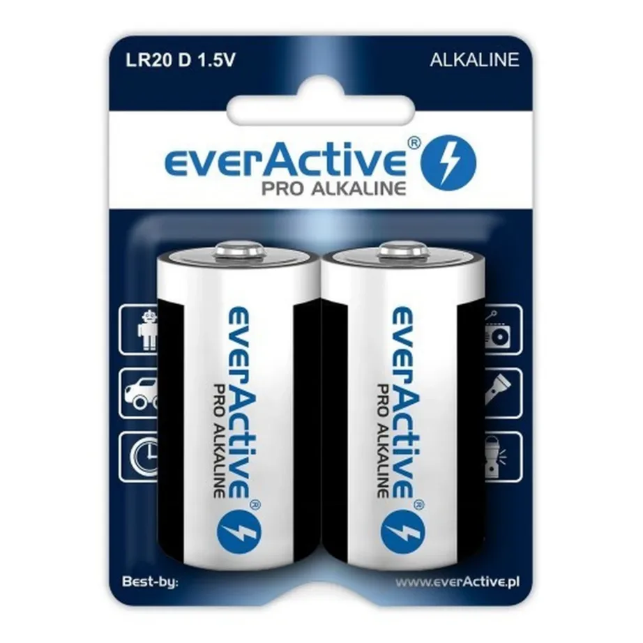 everActive EVLR20-PRO Pro Alkaline LR20 D 1,5V patareid, 2 tk blisterpakendis, kuni 10-aastase kestusega