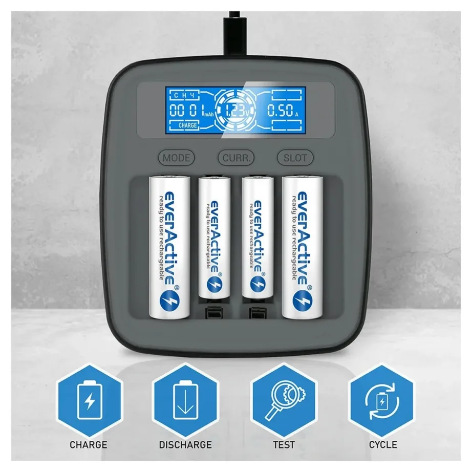 everActive NC1000MV2 4×AA/AAA USB-C must sisepatareide laadija, 110×99×38 mm – 2