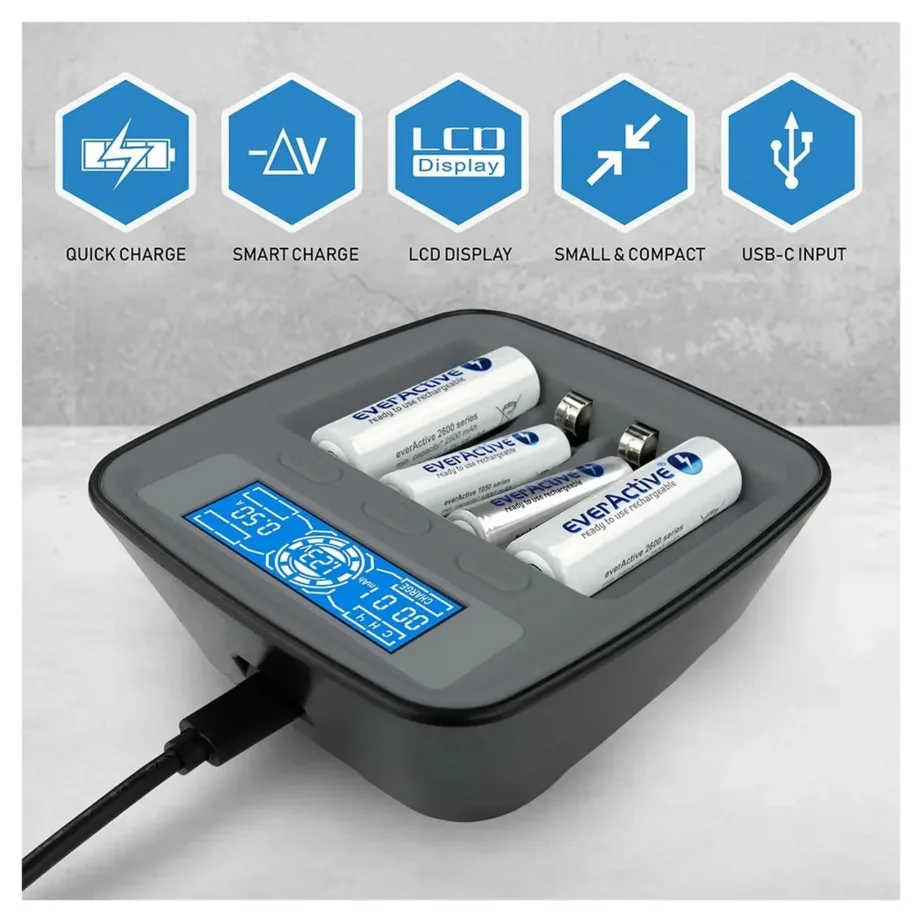 everActive NC1000MV2 4×AA/AAA USB-C must sisepatareide laadija, 110×99×38 mm – 3