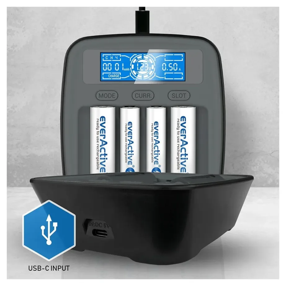 everActive NC1000MV2 4×AA/AAA USB-C must sisepatareide laadija, 110×99×38 mm – 5