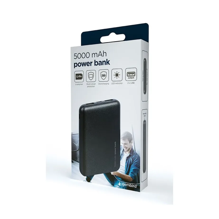 Gembird PB05-02 5000 mAh must LiPo akupank kahe USB-A ja USB-C sisendiga nutitelefonidele – 3