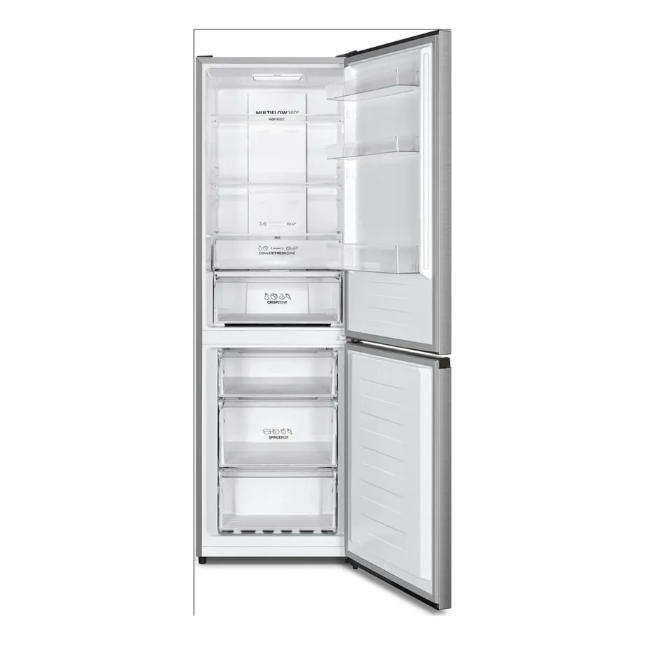 Täis NoFrost külmik sügavkülmaga all GORENJE N619EAXL4, 60 cm, 304 l (207/97 l), E energiaklass, LED-valgustus, 39 dB, hall, pööratavad uksed, elektrooniline juhtimine – 2