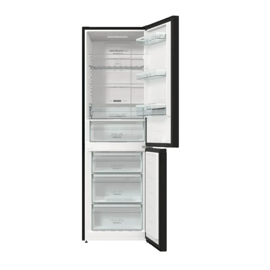 NoFrost külmik-sügavkülmik Gorenje NRK619EABXL4, 204/96 L, 185 cm, 60 cm, energiatõhususklass E, must, LED-valgustus, kiire külmutus, pööratavad uksed, 38 dB – 2