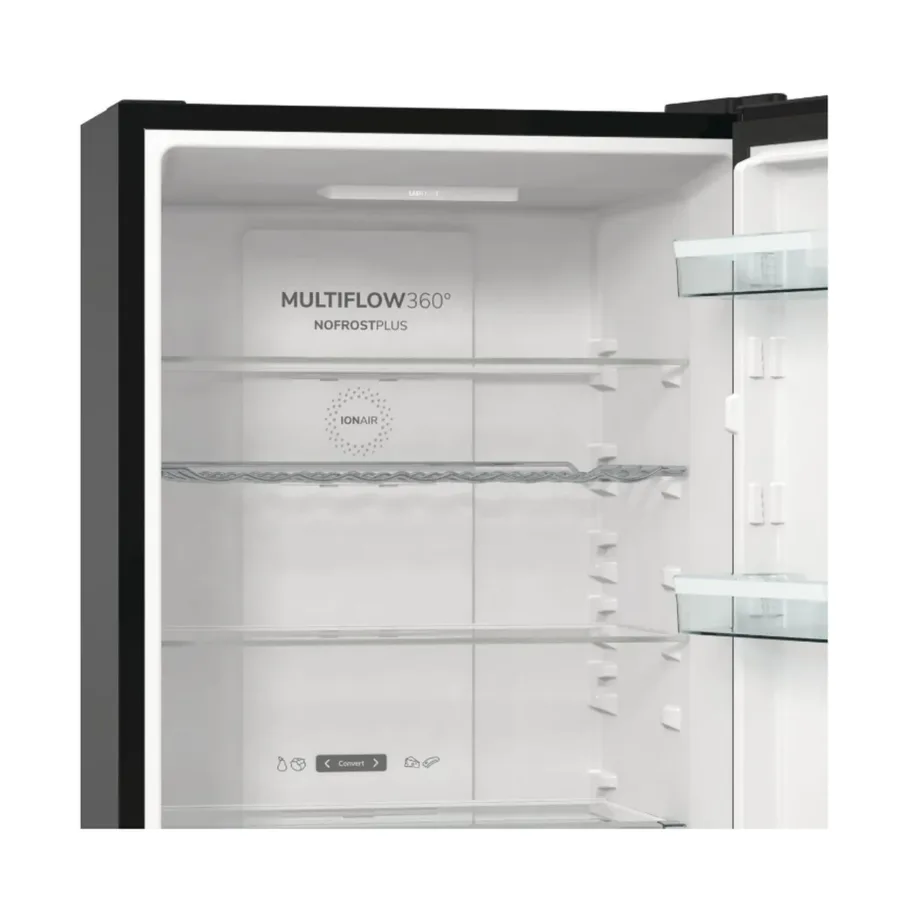 NoFrost külmik-sügavkülmik Gorenje NRK619EABXL4, 204/96 L, 185 cm, 60 cm, energiatõhususklass E, must, LED-valgustus, kiire külmutus, pööratavad uksed, 38 dB – 4