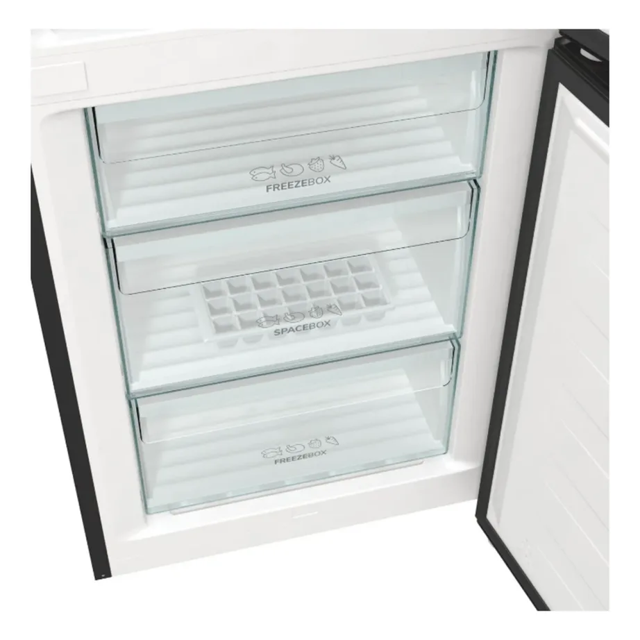 NoFrost külmik-sügavkülmik Gorenje NRK619EABXL4, 204/96 L, 185 cm, 60 cm, energiatõhususklass E, must, LED-valgustus, kiire külmutus, pööratavad uksed, 38 dB – 5