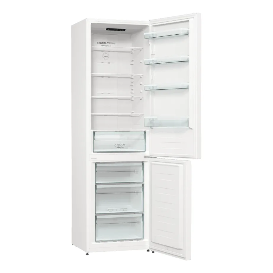 No frost külmik-sügavkülmik Gorenje NRK6202EW4, 60 cm, 235+96 l, täis No Frost, E energiaklass, 38 dB, 200 cm, valge, LED-valgustus, pööratavad uksed, 3 sügavkülmiku sahtlit – 2