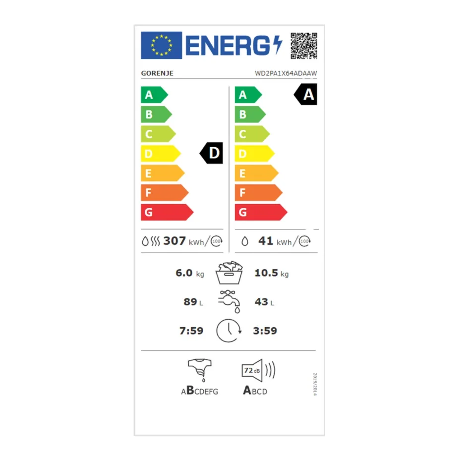 Kuivatiga pesumasin AutoDose ja Wi-Fi-ga Gorenje WD2PA1X64ADAAW, 10,5/6 kg, 1400 p/min, energiaklass A/D, 60 cm, invertermootor, aurufunktsioon, 16 programmi, valge – 6