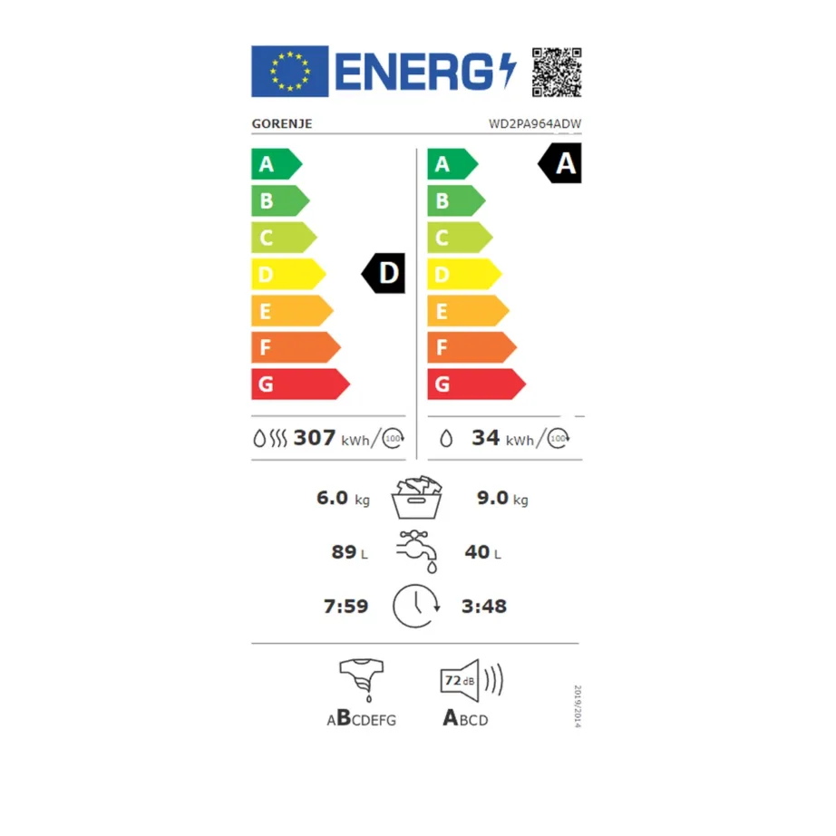 Kuivatiga pesumasin 9 kg pesu ja 6 kg kuivatusega GORENJE WD2PA964ADW, 1400 p/min, A energiatõhusus pesemisel, inverter-mootor, aurufunktsioon, Wi-Fi, valge, 60 cm – 8