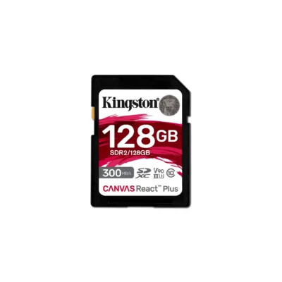 Kingston Canvas React Plus SDR2/128GB 128GB UHS-II V90 SDXC mälukaart 300MB/s lugemiskiirus, 260MB/s kirjutamiskiirus, must