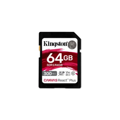 Kingston Canvas React Plus SDR2/64GB 64GB SDXC UHS-II V90 U3 mälukaart, 300 MB/s lugemiskiirus, 260 MB/s kirjutamiskiirus, must