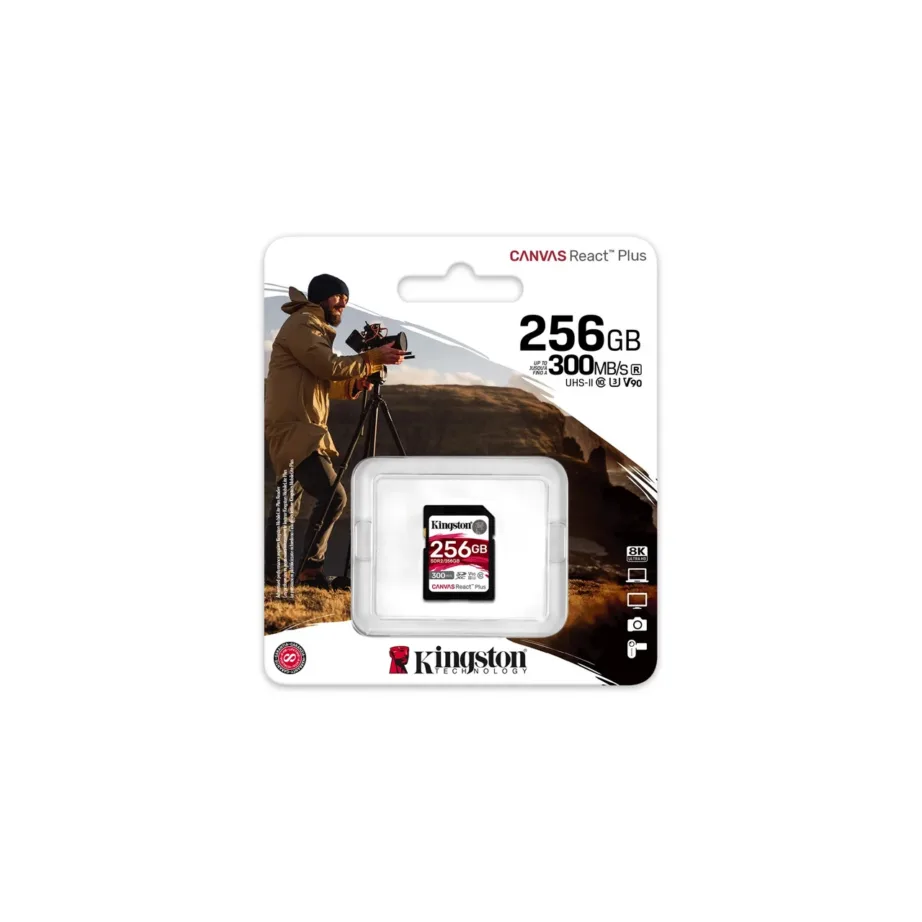 Kingston SDR2/256GB Canvas React Plus 256GB UHS-II V90 U3 SDXC mälukaart 300MB/s lugemine, 260MB/s kirjutamine, must – 3