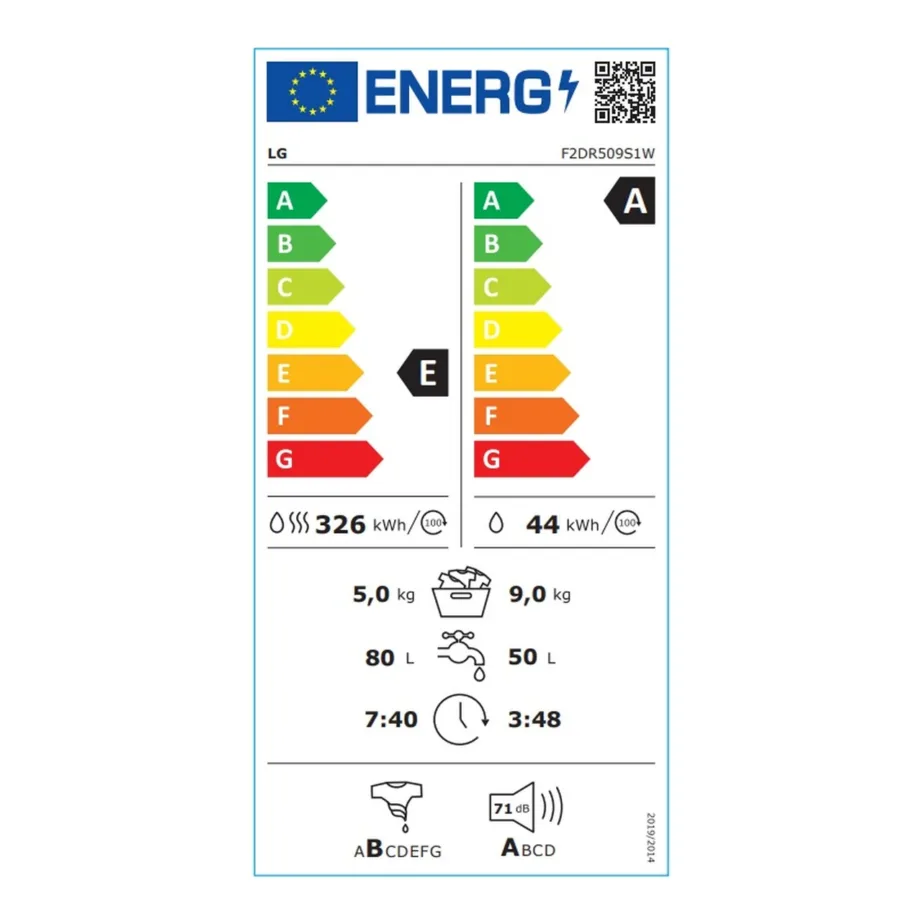 Kuivatiga pesumasin 9 kg 5 kg A-klassi LG F2DR509S1W, vaba paigaldus, 60 cm, 47,5 cm sügavus, 1200 p/min, inverter, aurufunktsioon, valge – 5