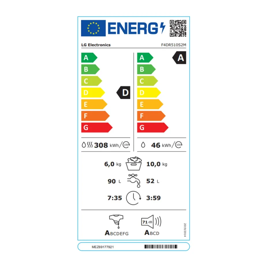 Kuivatiga pesumasin 10/6 kg 1400 p/min LG F4DR510S2M, 60 cm, A-klassi pesuenergia, invertermootor, aurufunktsioon, must, 71 dB – 5