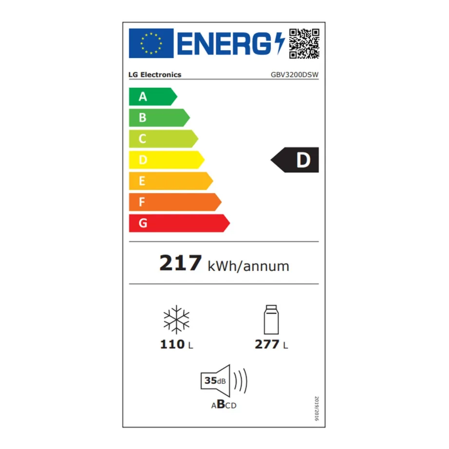 Külmik sügavkülmaga all no frost 60 cm LG GBV3200DSW, 277+110 L, D klass, inverterkompressor, 35 dB, valge, LED-valgustus - 6