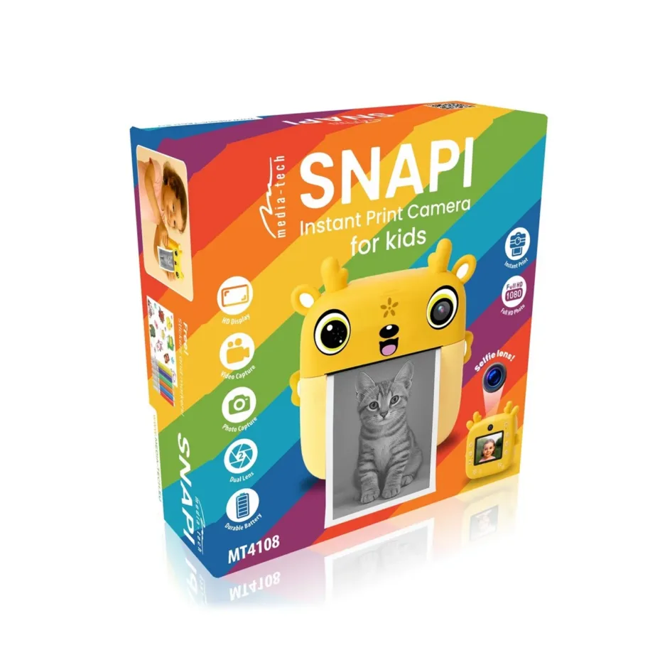 Media-Tech SNAPI MT4108 8MP kollane laste digitaalne kaamera termo printeriga, 2.4″ LCD-ekraan, microSD tugi, 110 × 45 × 99 mm, 1000 mAh aku – 11