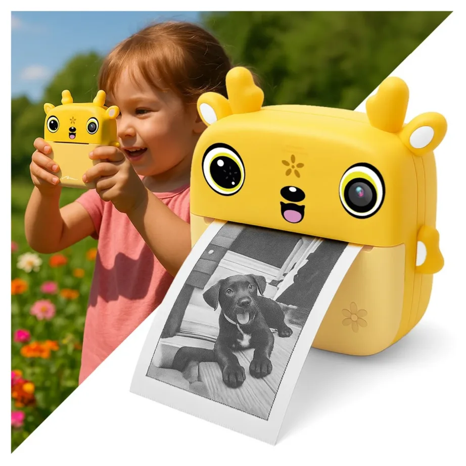 Media-Tech SNAPI MT4108 8MP kollane laste digitaalne kaamera termo printeriga, 2.4″ LCD-ekraan, microSD tugi, 110 × 45 × 99 mm, 1000 mAh aku – 12