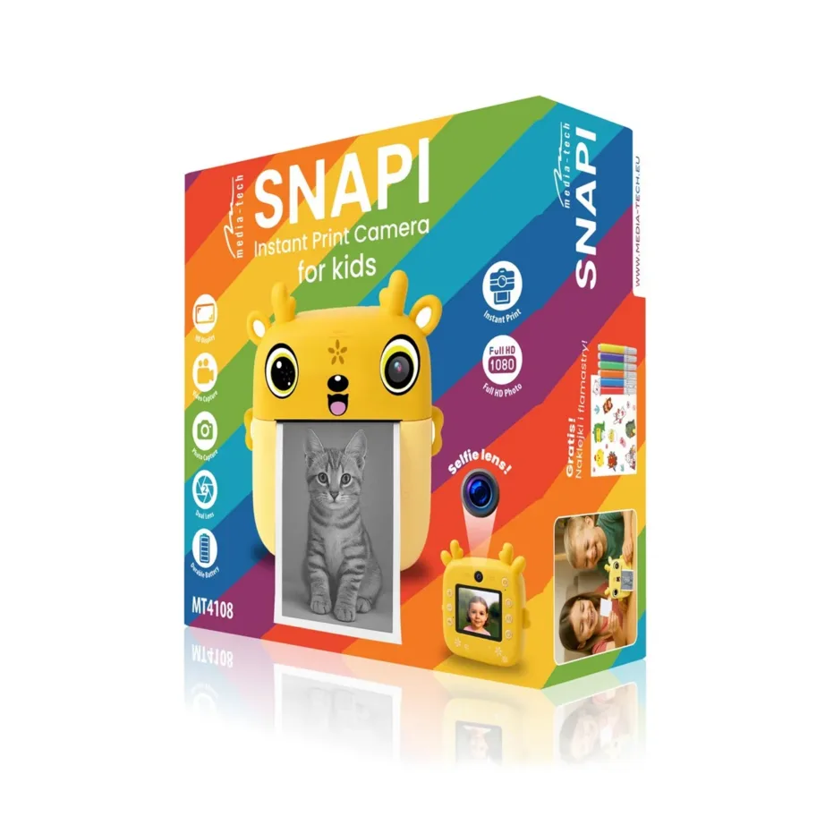 Media-Tech SNAPI MT4108 8MP kollane laste digitaalne kaamera termo printeriga, 2.4″ LCD-ekraan, microSD tugi, 110 × 45 × 99 mm, 1000 mAh aku – 18