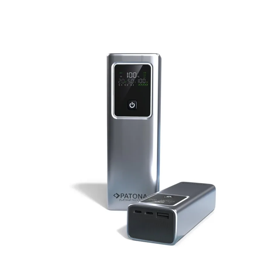 PATONA Platinum Powerbank Luxury One PD100 20000mAh 100W 3 porti USB-C/USB-A must-hõbe akupank LED-ekraaniga – 4