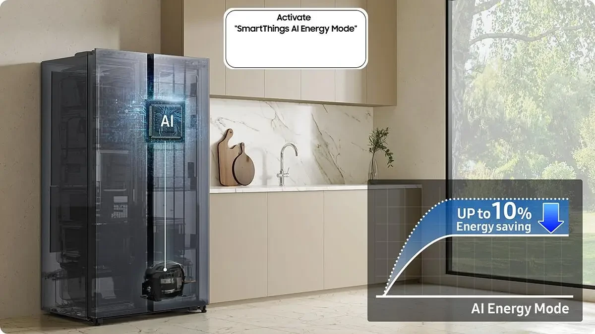 Samsung RS70F65KEFEO külmiku AI Energy energiasäästu illustratsioon