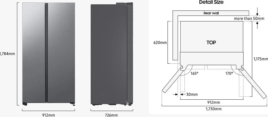 Samsung RS70F65KEFEO külmiku mõõtmise ja paigaldusruumi skeem