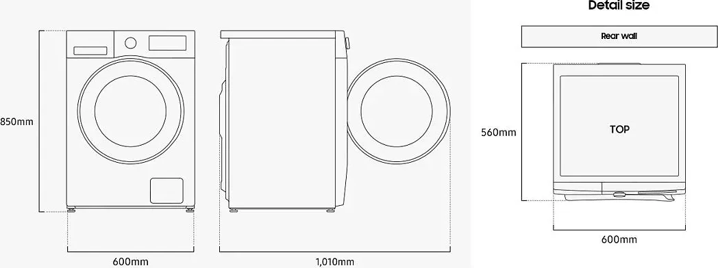 Kuidas mõõta Samsung WD90DG5G34BELE kuivatiga pesumasina paigalduskohta