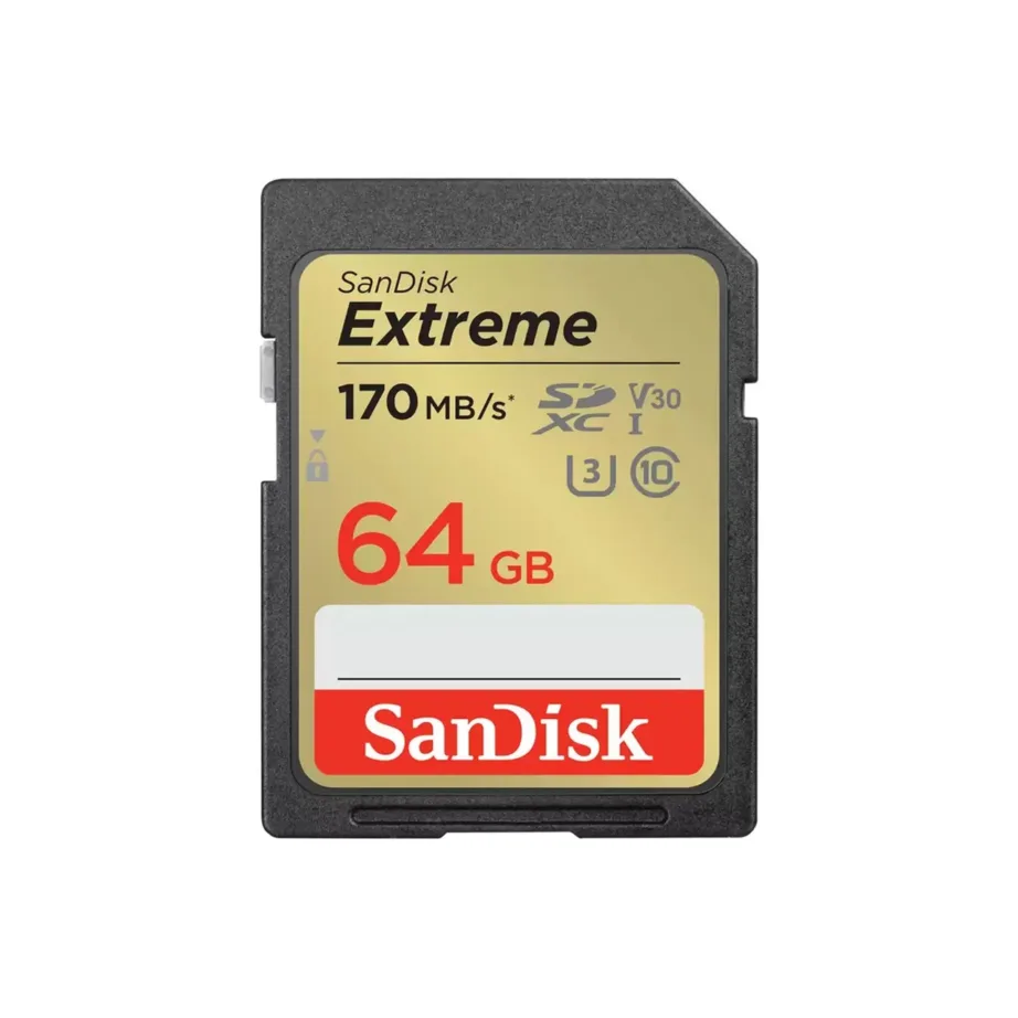 SanDisk Extreme SDSDXV2-064G-GNCIN 64GB SDXC UHS-I Class 10 U3 V30 170MB/s mälukaart, kuld/must, veekindel ja põrutuskindel