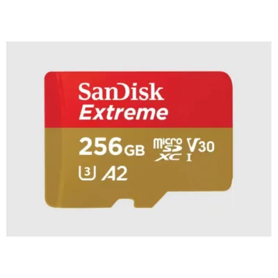 SanDisk Extreme SDSQXAV-256G-GN6MA 256GB MicroSDXC UHS-I Class 10 V30 U3 mälukaart, lugemiskiirus 190 MB/s, kirjutamiskiirus 130 MB/s, microSD-adapteriga, punane