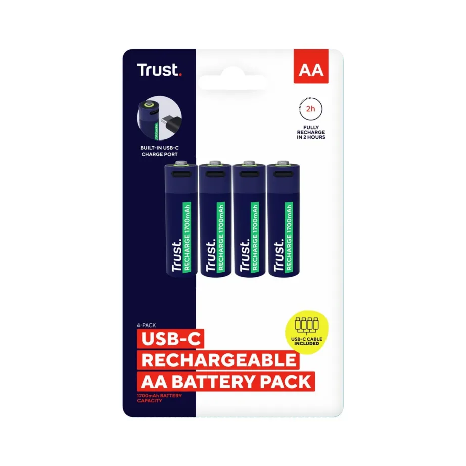 Trust 25631 4×AA 1700mAh laetavad akud USB-C, 2h laadimisaeg, kuni 800 tsüklit - 5