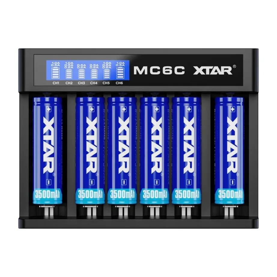XTAR MC6C 6-pesaga universaalne must liitiumioonakude laadija, sobib 18650/21700/AA/AAA akudele, 5 V sisend, 148x111x34 mm – 3