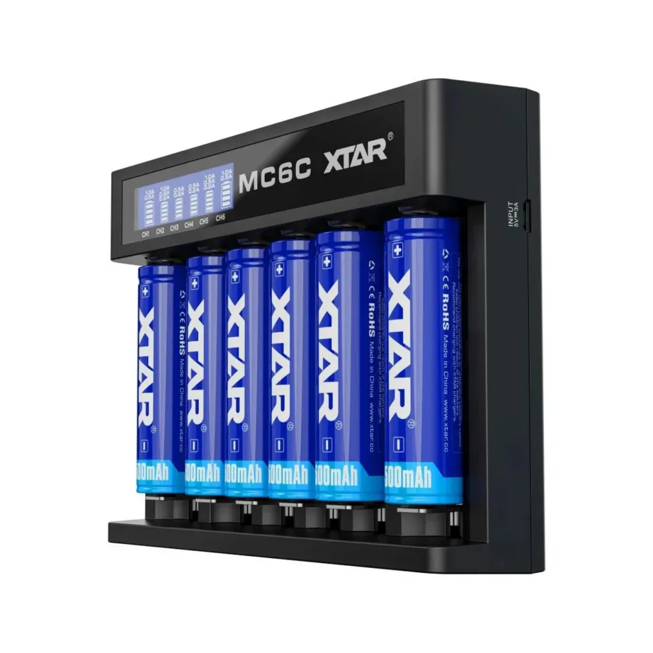 XTAR MC6C 6-pesaga universaalne must liitiumioonakude laadija, sobib 18650/21700/AA/AAA akudele, 5 V sisend, 148x111x34 mm – 4