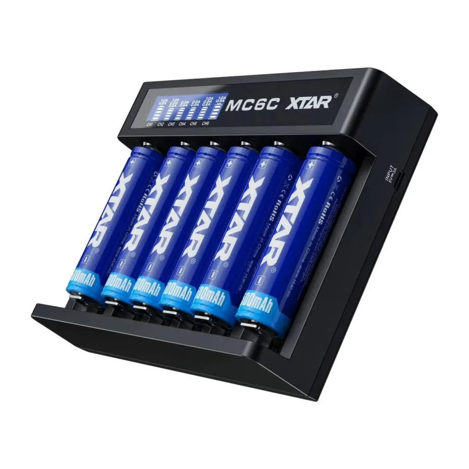 XTAR MC6C 6-pesaga universaalne must liitiumioonakude laadija, sobib 18650/21700/AA/AAA akudele, 5 V sisend, 148x111x34 mm – 6