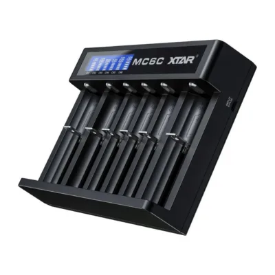 XTAR MC6C 6-pesaga universaalne must liitiumioonakude laadija, sobib 18650/21700/AA/AAA akudele, 5 V sisend, 148x111x34 mm