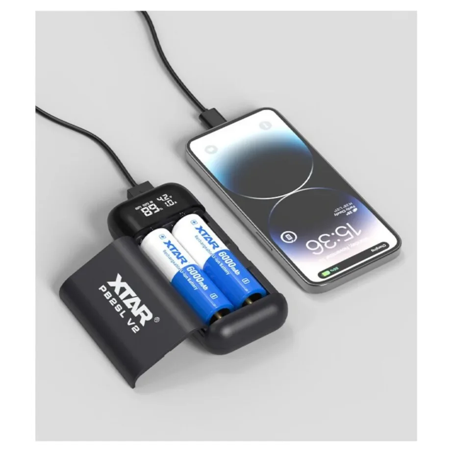 XTAR PB2SL V2 must USB-C 2×18650/20700/21700 Li-ion akulaadija ja akupank, LED-indikaatoriga, ilma patareideta – 4