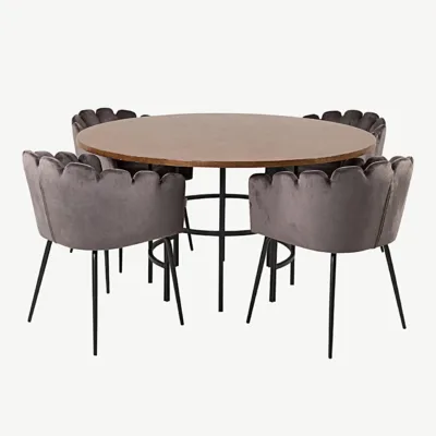 Ümmargune söögilaud Copenhagen koos Limhamn sametist tugitoolidega (pruun laud, hallid toolid, Ø140 cm) - GR19324